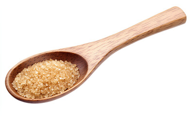 A wooden spoon filled with brown sugar against a white background.