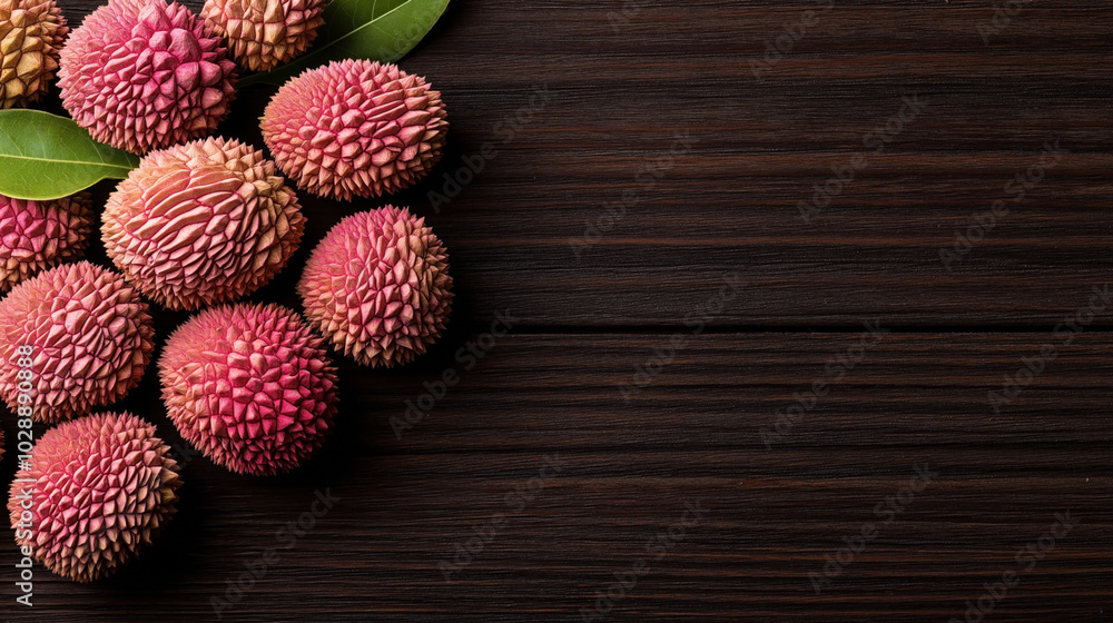 Wall mural Cluster of fresh lychee fruits with spiky pink skin and green leaves on dark wooden background