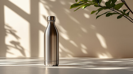 Stainless steel reusable water bottle in sunlit room with plant shadow