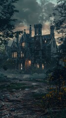 Sinister manor veiled in eternal twilight, 4K hyperrealistic photo