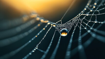 Close-up of a spider web covered in morning dew with a blurred background and sunlight illuminating water droplets, creating a beautiful bokeh effect.