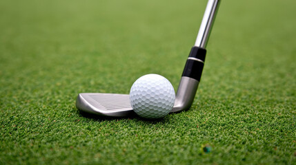closeup of golf ball resting on green grass, positioned near golf club, captures essence of sport. image evokes sense of anticipation and focus