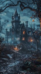 Sinister manor veiled in eternal twilight, 4K hyperrealistic photo