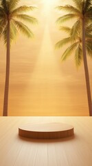Obraz premium Tropical scene with palm trees and a wooden platform against a golden sunset.