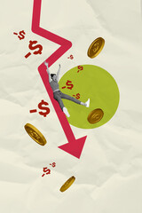 Vertical photo collage of dissatisfied girl sit arrow fall economy trouble dollar inflation coin...