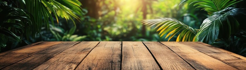 Sunlit Wooden Table in Lush Tropical Jungle Setting with Vibrant Green Foliage and Sunlight Filtering Through Leaves