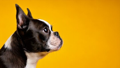 黄色い背景のボストンテリア