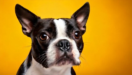 黄色い背景のボストンテリア