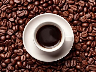 Fototapeta premium Cup of coffee on beans background, top view. AI generated. 
