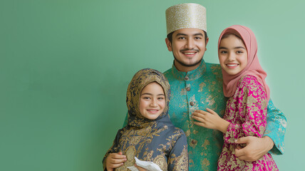 Eid al-Fitr Joy. A joyful family wearing traditional clothing in front of a light green background, smiling after prayers