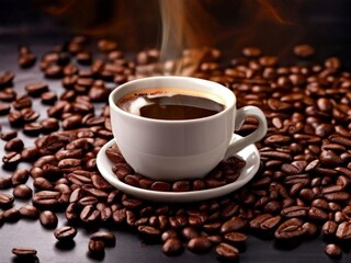 Cup of coffee on beans background, top view. AI generated. 