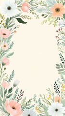 Elegant floral border with pastel flowers and green foliage on a cream background, ideal for wedding invitations, greeting cards, or spring-themed designs