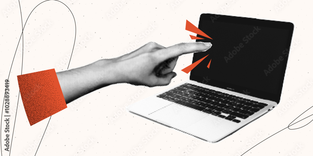 Fototapete collage halftone banner in retro pop style. with a hand that interacts a laptop..
