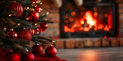 Christmas tree with a lit fireplace in the background. New Year's cozy home background with space...