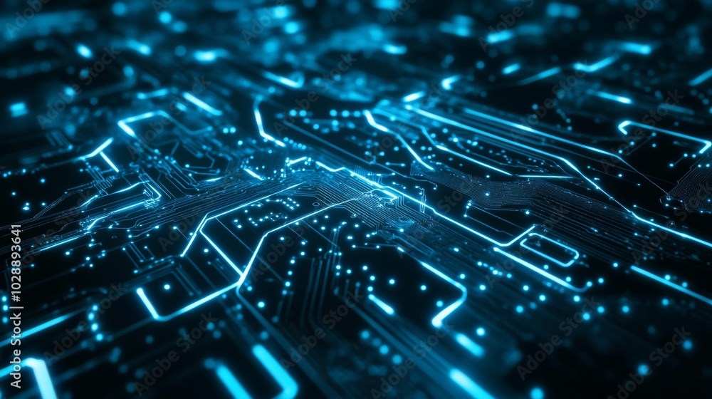 Poster on the circuit board of a database, there is a virtual data transmission processor using futuristic 