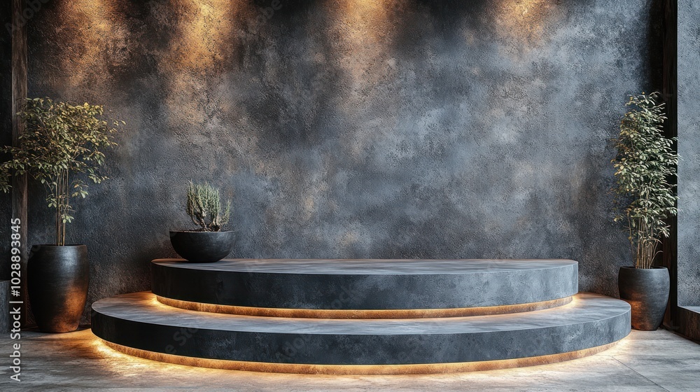 Poster a circular concrete podium with two steps illuminated by warm light in front of a textured wall.