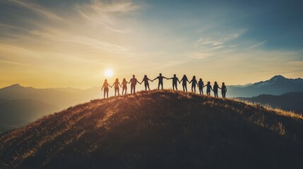 A group of people standing hand-in-hand on a hilltop during sunset, celebrating unity and nature’s beauty against a scenic backdrop.