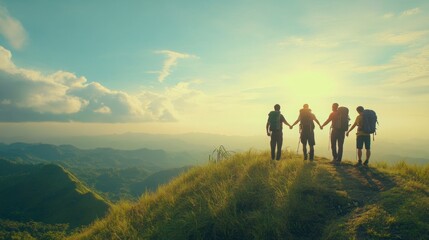 Fototapeta premium Four hikers stand on a hilltop, holding hands against a breathtaking sunset, symbolizing adventure, friendship, and the beauty of nature.
