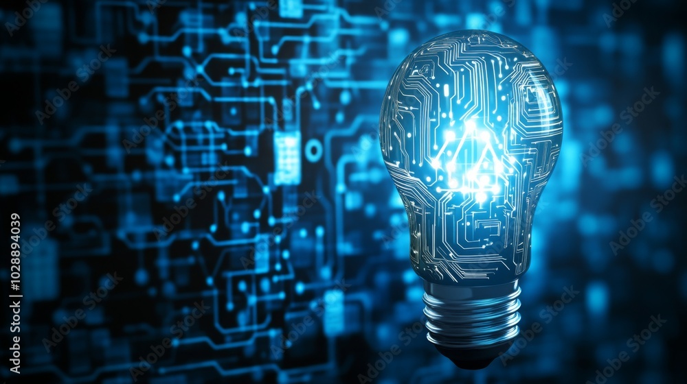 Poster a futuristic light bulb with a circuit-like design illuminates against a dark, tech-inspired backgro