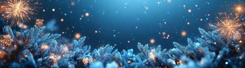 A panoramic background banner with fireworks and dark blue night sky for Silvester 2025 New Year's Eve Party