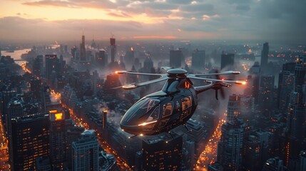 Helicopter Flying Over Cityscape