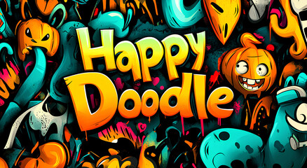 Obraz premium A colorful and whimsical doodle illustration featuring pumpkins, spooky characters, and the text 