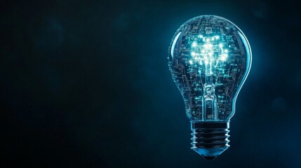 A glowing, futuristic light bulb emits a soft blue light against a dark background, symbolizing innovation and creativity.