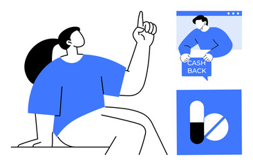 Minimalist style image with a seated character pointing upwards, an individual holding a cash back sign in a browser window, and medication icon. Ideal for finance health promotion e-commerce digital