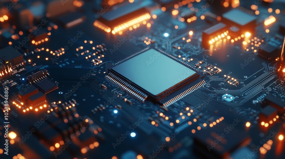 Poster ai, mobile processors through the cpu. 3d render illustration. the cpu is part of a circuit board.