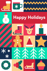 Festive Holiday Icon Collage with Christmas Symbols and Greeting