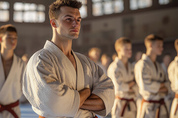 Fototapeta premium Martial artists preparing for a competition in a dojo during daylight