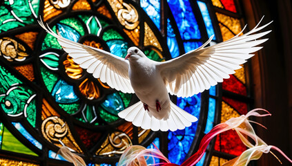 White dove flying. Holy spirit pigeon, church's colored stained glass window background, fantasy symbol of peace love, 3d modern. Christian religion spiritual soul concept. 