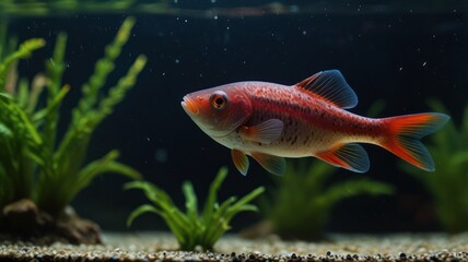 Obraz premium A single red and orange fish with a spotted pattern swims in a freshwater aquarium tank. The fish is surrounded by green aquatic plants and has a black background with bubbles rising to the surface.