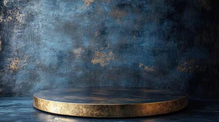 A circular, golden podium stands against a dark blue textured background.