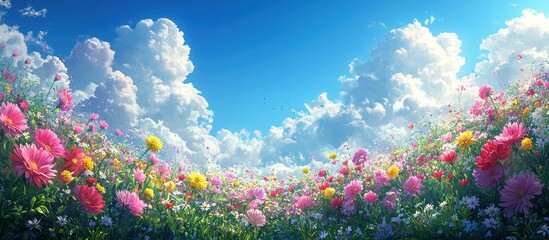 Vibrant Wildflower Meadow Under a Bright Blue Sky with Fluffy White Clouds on a Sunny Day