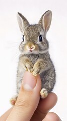 Obraz premium Cute Miniature Baby Rabbit on Palm and Fingertip, Photo Realistic, Texture, Pattern Background, Wallpaper, Cover and Screen for Smartphone, PC, Laptop, 9:16 and 16:9 Format