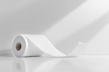 A roll of toilet paper unspooled in a spiral on a matte-white surface, symbolizing global sanitation efforts, with soft light and subtle textures conveying fragility and simplicity.
