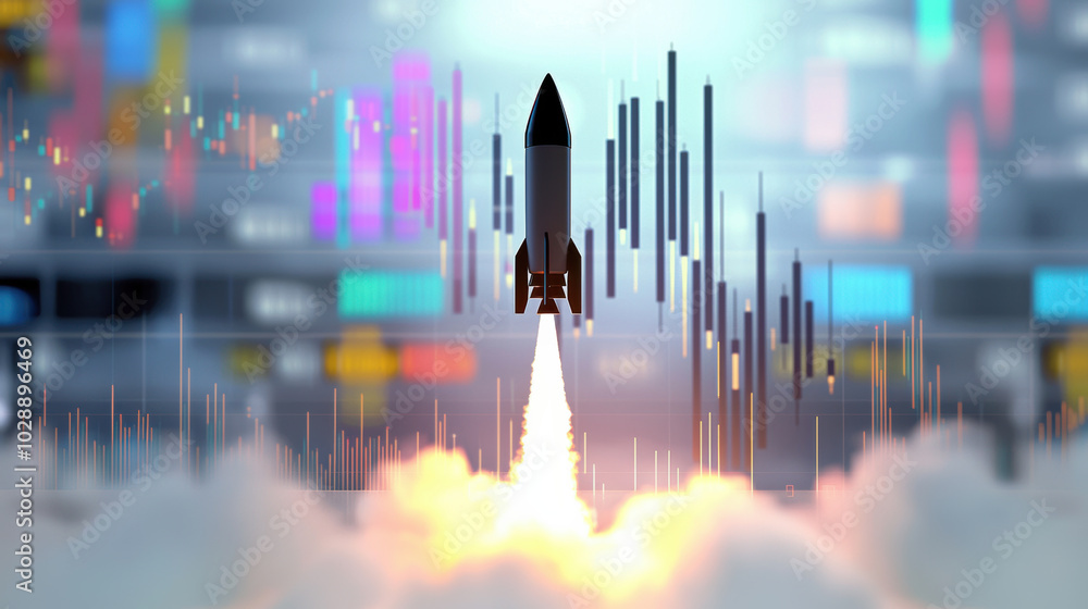 Poster small rocket taking off with smoke and colorful graphs in background