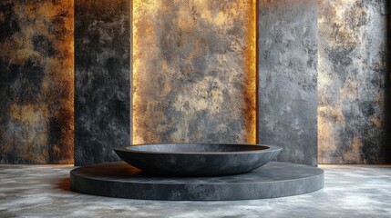 A dark, minimalist concrete platform and bowl against a textured backdrop illuminated with warm light.