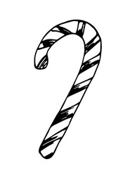 Candy cane, caramel, striped lollipop. Christmas New Year decor, symbol. Simple vector ink sketch.