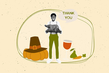 Composite photo collage of smile american guy hold roasted turkey dish thank you bubble juice glass...