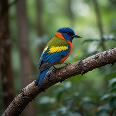 Fototapeta premium A colorful Bird sits on a branch in the jungle.