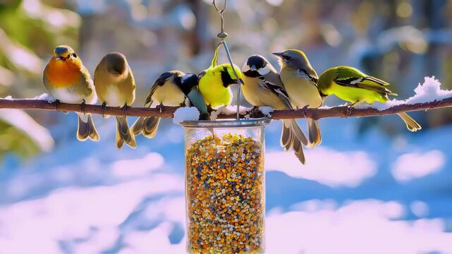Colorful birds gathered around a feeder in a snowy setting.