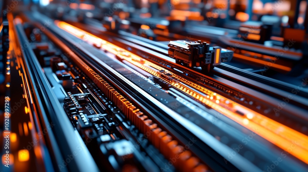 Poster pick & place machine quickly installs components on generic circuit boards. electronics and circuit 