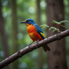 A colorful Bird sits on a branch in the jungle.
