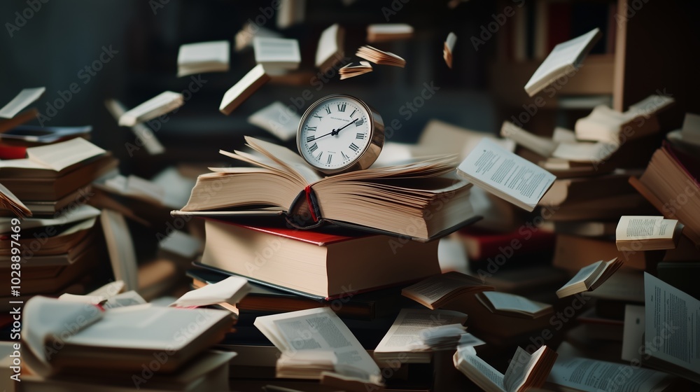 Poster an open book with a floating clock surrounded by scattered pages in a dimly lit library setting