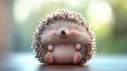 Obraz premium A cute cartoon hedgehog with a big smile sits on a wooden surface.