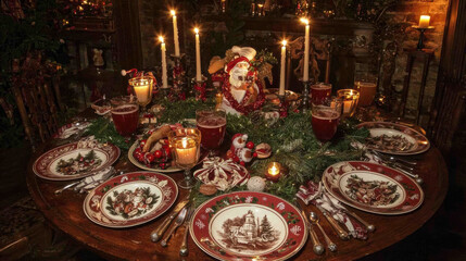 Fototapeta premium festive Christmas dinner table adorned with decorations and candles