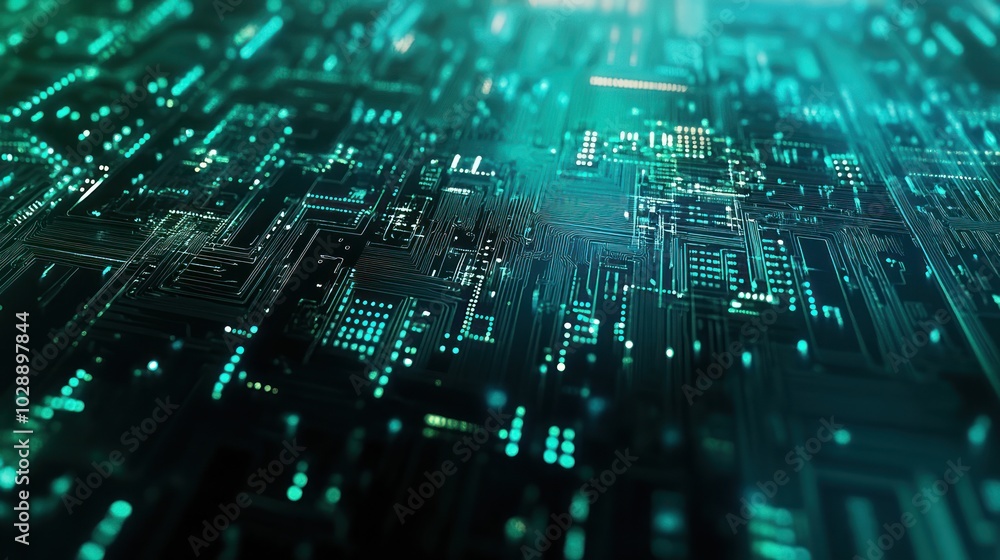 Poster abstract digital circuit board with glowing green lines and dots, creating a futuristic and technolo