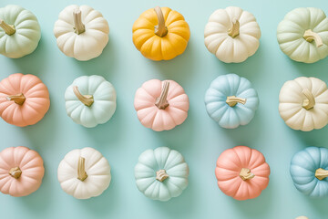 Flat Lay Pastel Color Pumpkins on Soft Blue Background